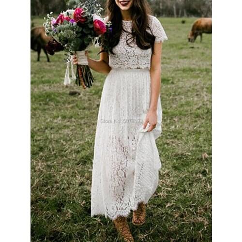 10195 Fashion Ivory O-Neck Two-Pieces Straight Tea-Length Lace Long Wedding Dresses/ Women Gowns Short Sleeves Free Shipping