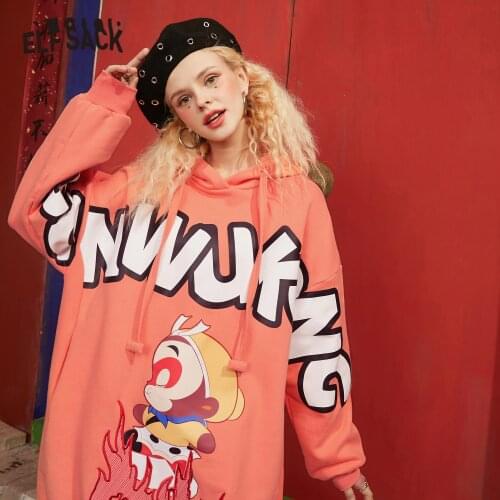 ELFSACK Monkey King Cartoon Print Casual Hoodies Vintage Dresses Women,201 Spring Full Sleeve Korean Ladies Velvet Dress