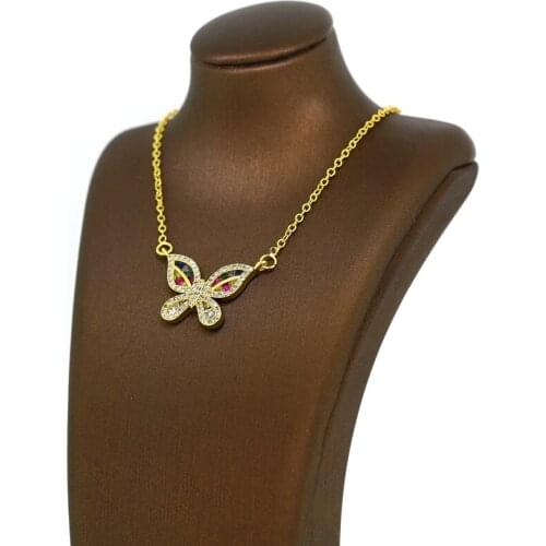 2pcs 2021 Fine Jewelry Tiny Crystal Butterfly Necklace For Women Gold Rainbow Cubic Zirconia Copper Pendant Chain Necklace Gift
