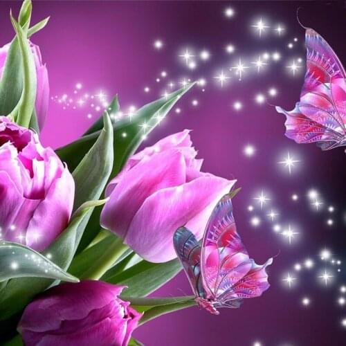 2016 Purple Butterfly With Tulips New Year Diy Diamond Embroidery Painting Cross-Stitch Diamond Mosaic Kits For Embroidery NE225