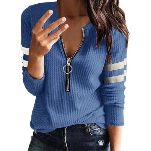 40#рубашка женская Womens V Neck Blouses Long Sleeve Zipper Knit Stripe Loose Fitting Thermal Tunic Tops Elegant Spring Shirts