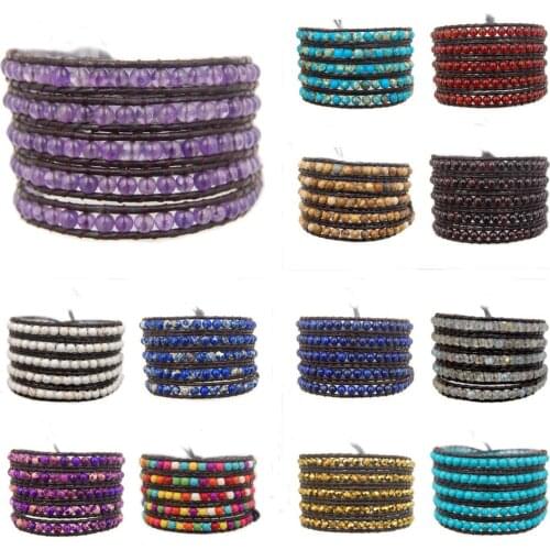 5 Wrap Hot Colorful Mens Womens Handmade 4mm Gem stones Beads Wrap Leather Bracelet Jewelry Wholesale 3PCS/Lot