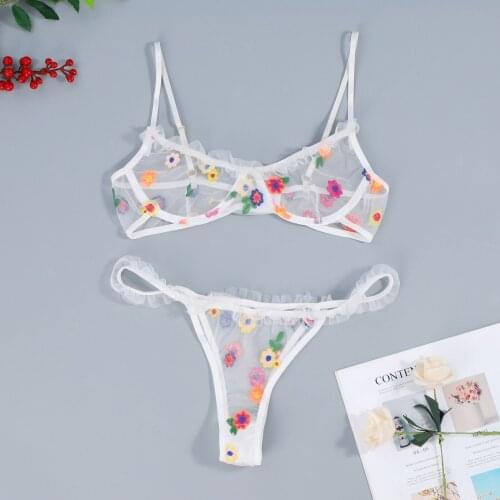 Floral Embroidery Bra Thong Exotic Sets Women Exotic Underwear Transparent Mesh Lingerie Set Sexy Nightwear Lenceria Para Mujer