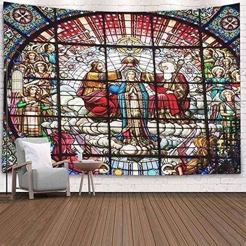 Jesus Tapestry Wall Tapestry for Christmas Stained Glass Jesus Father Rose Window Spain October
