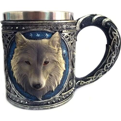 Double Wall Resin Stainless Steel 3D Wolf Head Mugs Coffee Tea Beer Cup Mug Animal Cartoon Wolf King Drinking Cup 450ml