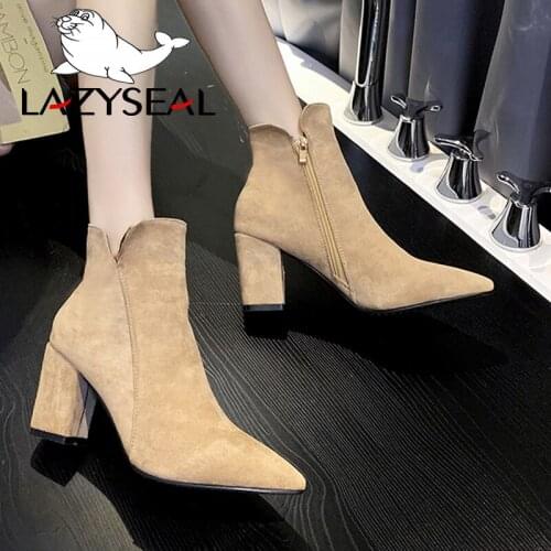 LazySeal Plus Size Women Boots Fashion Side Zipper Square High Heels Ankle Boots For Women Short Plush Platform Booties