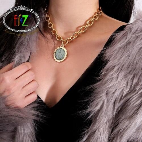 F.J4Z new arrival fashion punk style link chain vintage imitation stone pendant necklace hip hop rocker sexy night club necklace