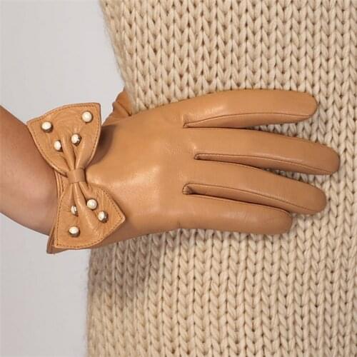 Genuine Leather New 2018 Women Gloves Wrist Bow Knot Thin Female Sheepskin Glove Fashion Driving Solid Lambskin L119NN-5