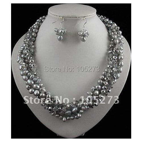Charming!pearl jewelry set 5rows AA 8-9mm gray color Genuine freshwater pearl & crystal necklace earring free shipping A2462