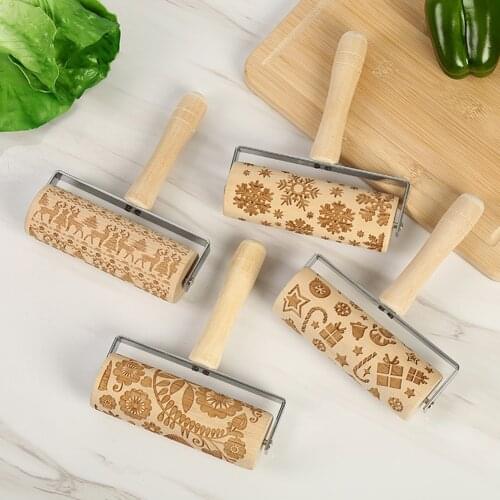 Christmas Embossing Wood Rolling Pin Embossing Cake Dough Roller DIY Kitchen Baking Tool for Household Kitchen Helping Decor