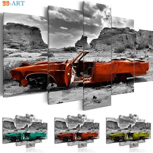 Vintage Poster Car Print Canvas Art 5 Panel Black and White Wall Art Canvas Painting Wall Pictures for Living Room Fashion Decor