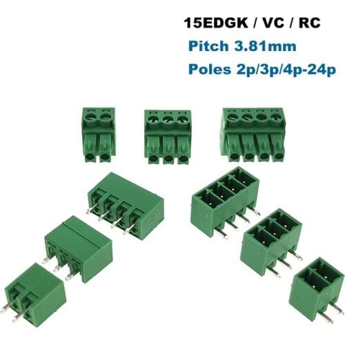 Pitch 3.81mm Pluggable PCB Screw Terminal Block Male Female Connector 15EDGK+VC/RC Vertical Straight Pin 2~10P Morsettiera