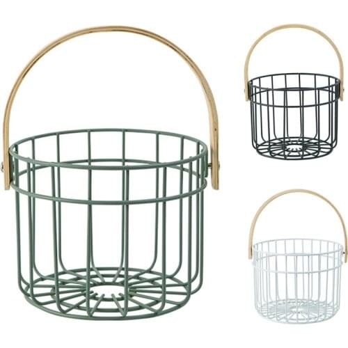 Iron Basket with Solid Wood Handle Simple Fruit Vegetable Drain Basket