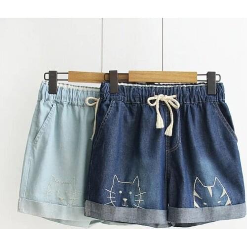 New Summer Clothes Japanese Cartoon Face Cat Embroidery Jeans Shorts Women Casual Distressed Elastic Waist Denim Shorts U250
