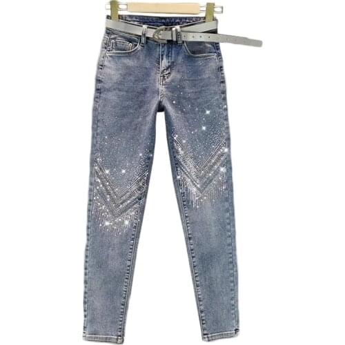 2021 Spring Autumn Heavy Industry Hot Rhinestone Skinny Jeans Women Elastic High Waist Nine Points Pants Womens Denim Overalls