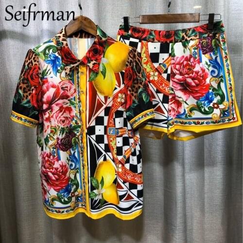 Seifrmann New 2021 Summer Women Fashion Runway Shorts Set Short Sleeve Loose Blouses+High Waist Printed Shorts 2 Two Pieces Set