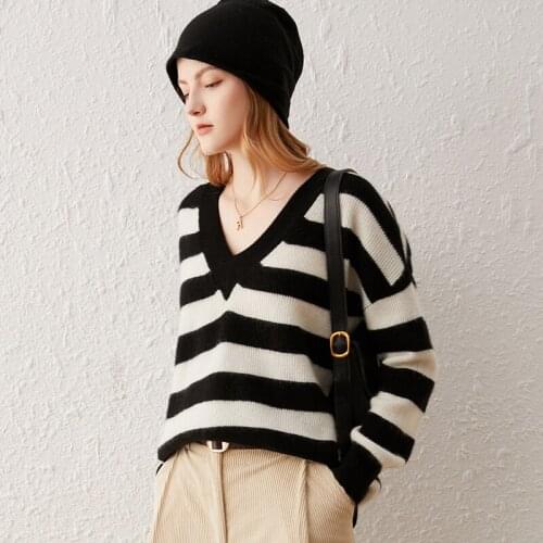 Zocept Winter Warm Womens Sweaters 100% Goat Cashmere Knitted Fashion Loose Contrast Striped V-Neck Quality Cashmere Pullovers