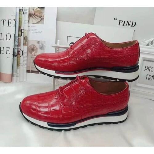 100% Genuine real crocodile belly skin men shoe durable solid glossy red color crocodile skin men fashion leisre sport shoes