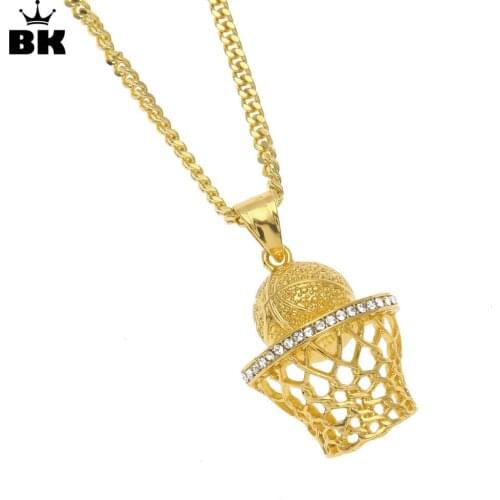 3D Basketball Hoop Pendants & Necklaces Hip Hop Gold Finish Sports Iced Out Rhinestone With 3mm 24inch Cuban Chain Drop Shipping