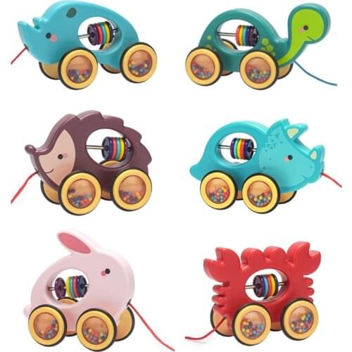 OOTDTY Baby Cartoon Animal Car Pull Rope Toys Drag Vehicles Rattles Toddler Kids Early Educational Gifts