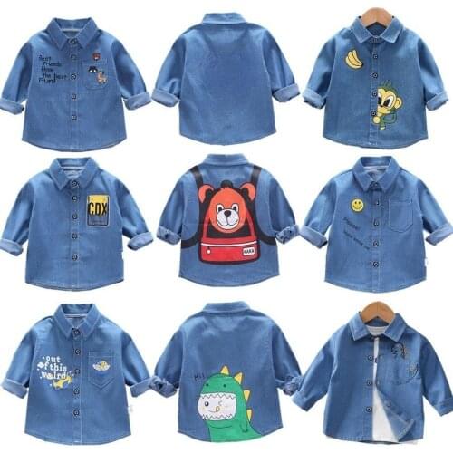 Boys Denim Long-sleeved Shirts Spring and Autumn New Girls Baby Childrens Clothing Cartoon Shirts Tide Childrens Shirts