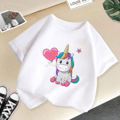2-9 Years Old Cute Unicorn White Round Neck T-Shirt Children Girl Rainbow Kawaii Childrens Clothing SummerShort Sleeve Top