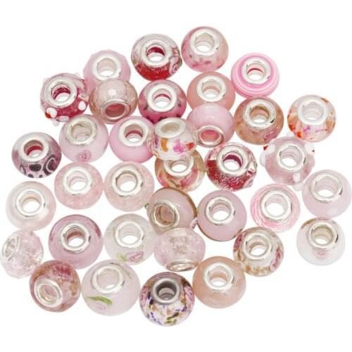 Julie Wang 30PCS Pink European Beads Round Acrylic Resin Big Hole Spacer Beads Bracelet Jewelry Making Accessory