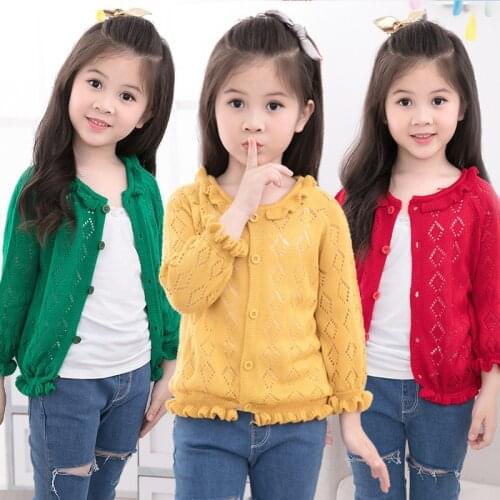 Spring Autumn Girls Hollow Out Ruffles Ruched Cardigan Sweater 4 Colors Baby Girls Preppy Style Thin Knitted Sweaters 2-14T