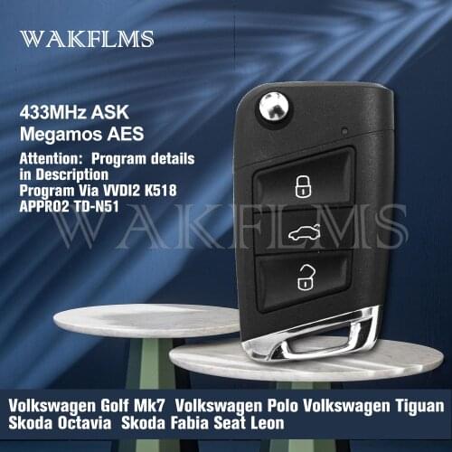 3 Button Flip Remote Car Key 433Mhz For Volkswagen Golf Mk7 VII Skoda Octavia (MQB) with Megamos AES ID88 Chip Without Keyless