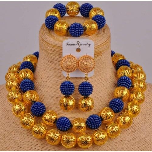 Royal blue and gold simulated pearl costume necklace nigerian wedding african beads jewelry set ZZ18