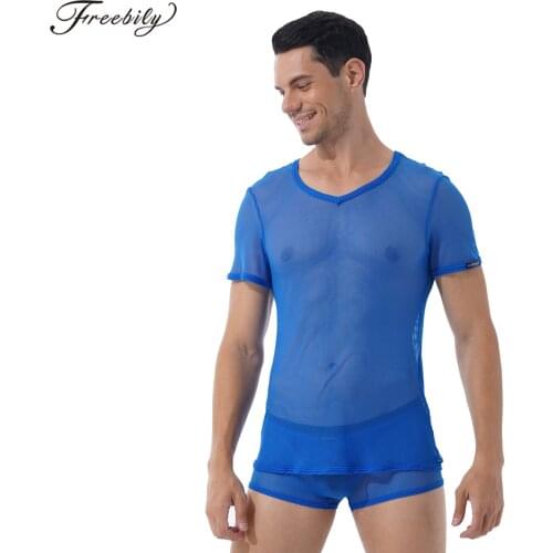 Summer Mesh Pajama Sets Men Sleepwear Hollow Out Two-Piece Set V Neck Short Sleeve T-Shirt with Elastic Waistband Boxer Shorts