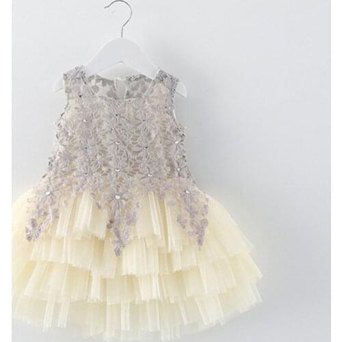 Hot sale 2020 European style children girls fashion flower rhinestones lace patchwork mesh princess dress 2-7 Years