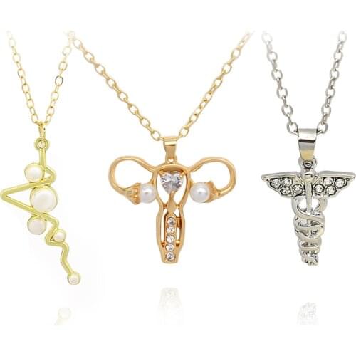 Fashion Heartbeat Ovary and Uterus Angel wings Alloy Pendant Necklace Pearl Zircon Rhinestone Long Necklace For Women Jewelry