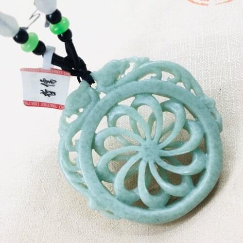 Zheru natural Hetian green jade carved double animal beast hollow flower pendant with wooden beads necklace men and women sweate