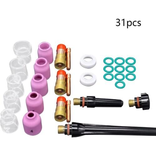 31PCS TIG Welding Torch Accessories Stubby Gas Lens Pyrex Glass Cup Kit For WP-17/18/26 Welding Accessories
