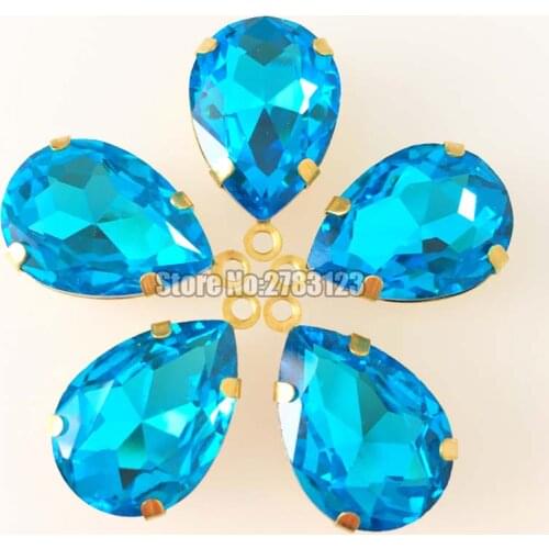 New product! Lake blue faltback tear drop Gold bottom Superior quality AAA Glass Crystal Single hanging sew on loose rhinstones