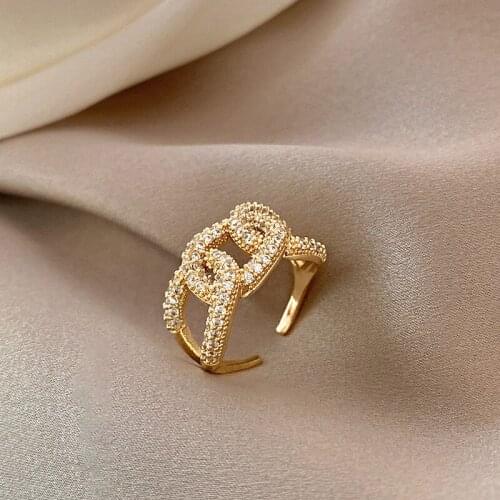 Exaggerated Chain Ring Buckle Gold Color Open Ring Womens Fashion Zircon Jewelry Wedding Party Girls Unusual Ring