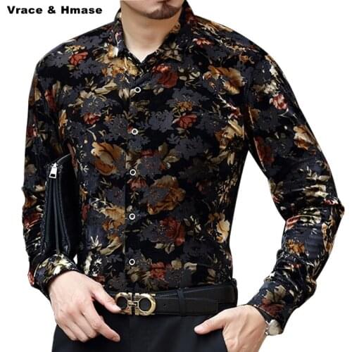 Autumn 2017 New arrival pleuche bussiness casual printing long sleeve shirt Gold velvet soft silky high-quality men shirt M-XXXL