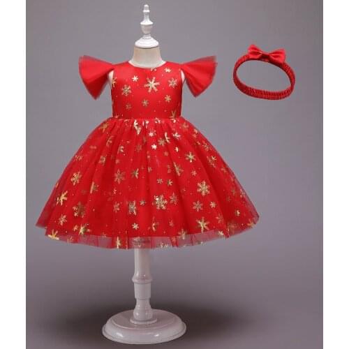 Princess Dress For Girl Clothes Snowflake Print Bow Mesh Dress Kids Girls Birthday Christmas Party Gown Children Fashion Dress