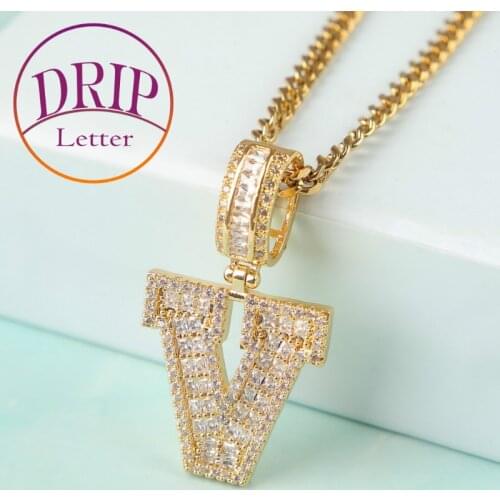 Big Zircon Baguette Pendant Gold Color Soild Letters With Cuban Chain Men Women Hip Hop Necklace Jewelry