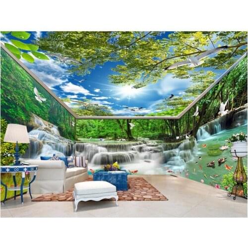 Custom photo 3d room wallpaper Waterfall flowing water forest cranes full house backdrop 3d wall mural wallpaper for wall 3 d
