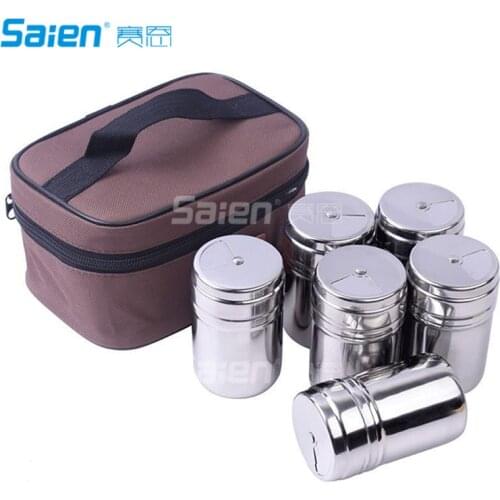 Portable Stainless Steel Spice Shaker Seasoning Dispenser 6 Pc Set with Rotating Lids and Travel Bag| Spice Jars Salt and Pepper