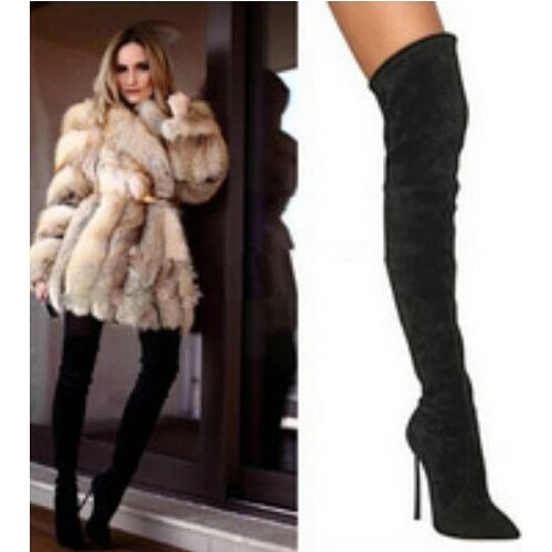 Real Photo Hot Selling Black Suede Leather Over The Knee Boots Pointed toe Side Zipper Metal Blade Heel Winter Fashion Boots