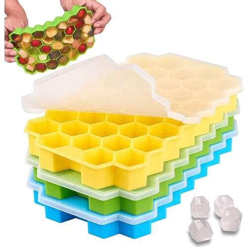 3Pcs Silicone Ice Cube Tray Honeycomb Ice Lattice Mold With Cover Lid Freeze 37 holes Party Whiskey Ice Cube Storage Containers