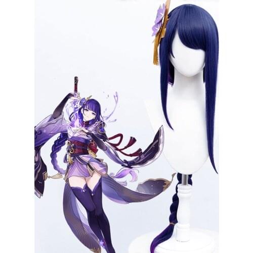 Synthetic Wig Raidenshogun Cosplay Genshin Impact Blue Purple Ombre Wigs for Women Braids Braided Hair Bangs Party Item