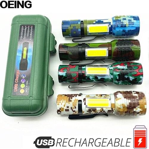 Portable Rechargeable LED Flashlight XPE+COB Zoom Torch Built-in Battery Camping Light 3 Lighting Modes Mini Penlights with Box