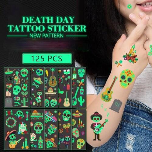 Mexico Day of The dead Luminous Tattoo Sticker ghost Skull Parade Party Fake Tatoo Halloween Waterproof Temporary Tattoo