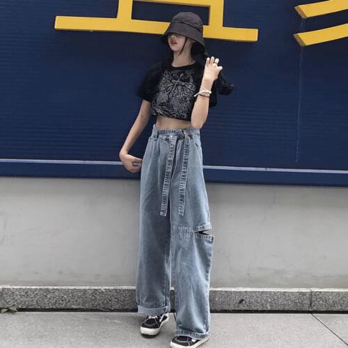 2021 Spring Autumn New Korean High Waist Jeans for Women Loose Stretch Denim Jean Belt Ripped Jeans Wide Leg Pants Woman Y172