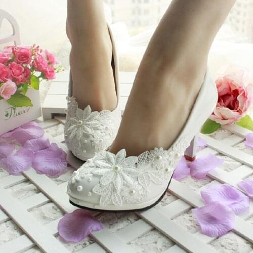 3CM/4.5CM/8.5CM/11CM heel 2017 the womens wedding shoes white lace pearl female wedding pumps bride bridal party shoe