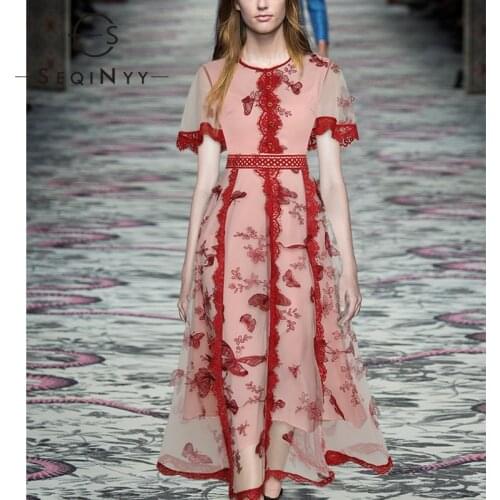 SEQINYY Runway Dress Summer Spring New Fashion Design Women Short Sleeve Red Lace Butterfly Embroidery Mesh A-line Midi Dress